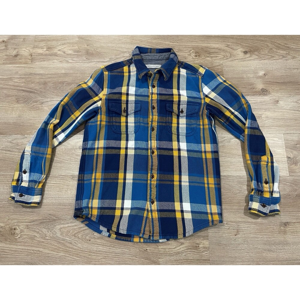 Outerknown Blanket Shirt Jacket Button Up Flannel Blue Yellow Plaid Men's Small